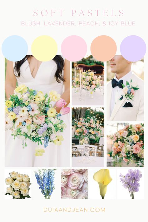 Embrace the enchanting beauty of spring with pastel garden wedding blooms and explore the magic of spring pastel floral arrangements. Sunset Garden Wedding Theme, Pastel Forest Wedding, Rustic Pastel Wedding Theme, Soft Pastel Wedding Flowers, Garden Wedding Palette, Pastel Groomsmen, Wedding Palette Spring, Spring Wedding Pastel, Flower Color Combinations