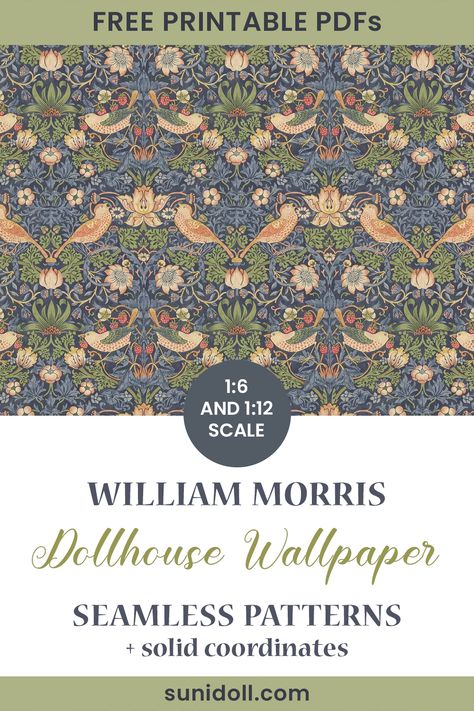 william morris wallpaper in miniature for dollhouses - seamless patterns in 1:6 and 1:12 scale you can download for free Miniature Patterns Free Printable, William Morris Free Download, Dollhouse Wallpaper Printable Free Miniatures, Free Printable Dollhouse Wall Art, Dollhouse Printables Wallpaper, William Morris Free Printable, Printable Wallpaper Dollhouse, 1/12 Scale Printables, Miniature Wallpaper Printables