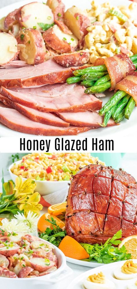 Honey Glazed Ham is an easy recipe for baked ham with a glaze made form honey, brown sugar, ginger, and orange zest. Bake your spiral ham or whole fully-cooked ham, bone-in or boneless in the oven with this delicious sweet glaze. It's the best honey glazed ham recipe you can make for Easter dinner or Christmas dinner! #ham #honey #Easter #Christmas #easydinnerrecipes #homemadeinterest Honey Ham Recipe, Easy Ham Recipes, Honey Ham Glaze Recipe, Ham Recipes Baked, Holiday Dinner Recipes, Ham Glaze Recipe, Honey Glazed Ham, Easter Ham, Honey Ham