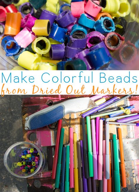 Upcycled Marker Beads from Dried Out Markers Recycled Pens, Reuse Recycle Upcycle, Upcycle Art, Makerspace Ideas, Recycling Crafts, Recycled Beads, Diy Marker, Camp Crafts, Green Craft