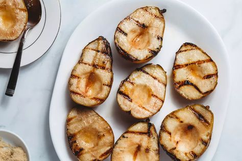 Easy Grilled Pears Recipe With Variations Camping Dessert Ideas, Grilled Fruit Dessert, Grilled Pears, Pear Butter Recipe, Grilled Fruit Recipes, Honey Whipped Cream, Pear Butter, Pear Dessert, Camping Desserts