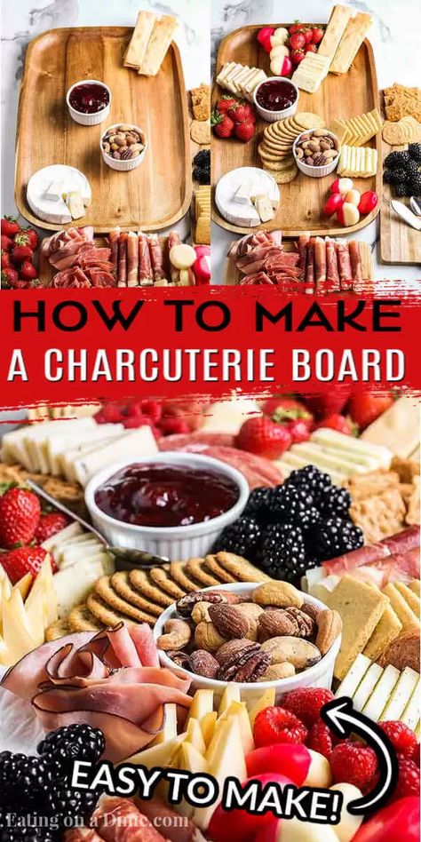 Learn how to make an easy Charcuterie board for your next party and totally impress your guests. You will be pleasantly surprised how simple it is to make. We have simple ideas to build a DIY charcuterie board everyone will love even the kids. These ideas are perfect for brunch, Christmas, 4th of July and more. #eatingonadime #howtomakeaCharcuterieboard Build Your Own Charcuterie Board, How To Make Charcuterie Board Ideas, Charcuterie Must Haves, Easy Chartucerie Board, Charcuterie Board Must Haves, Chartucerie Board Ideas, How To Build Charcuterie Board, Chauterie Tray Ideas, Thanksgiving Charcuterie Board Ideas Simple