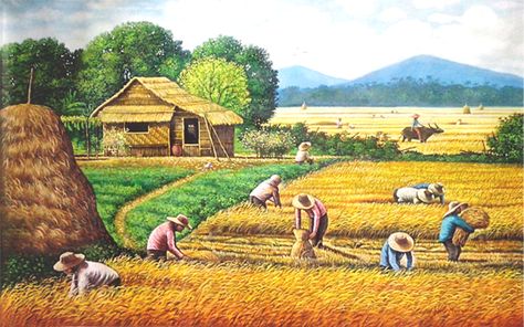 Painting Harvest Scenery in the Philippines. by Joel Masaya, via Behance Village Scene Drawing, Farmer Painting, Village Drawing, Drawing Scenery, Philippine Art, Beauty Paintings, Landscape Painting Tutorial, Farm Paintings, Scene Drawing