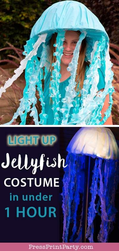 JELLYFISH COSTUME DIY: Learn how to make this light up jellyfish costume with a hat and plastic sheets. Use LED lights to create a glowing top. No need for a bluky umbrella. Great and easy ideas for Halloween. Cute and perfect for teens or adults. by Press Print Party! #jellyfish #halloween #halloweencostume Light Up Jellyfish, Jellyfish Costume Diy, Jellyfish Halloween Costume, Jellyfish Halloween, Under The Sea Costumes, Sea Creature Costume, Robber Costume, Costumes Faciles, Sea Costume