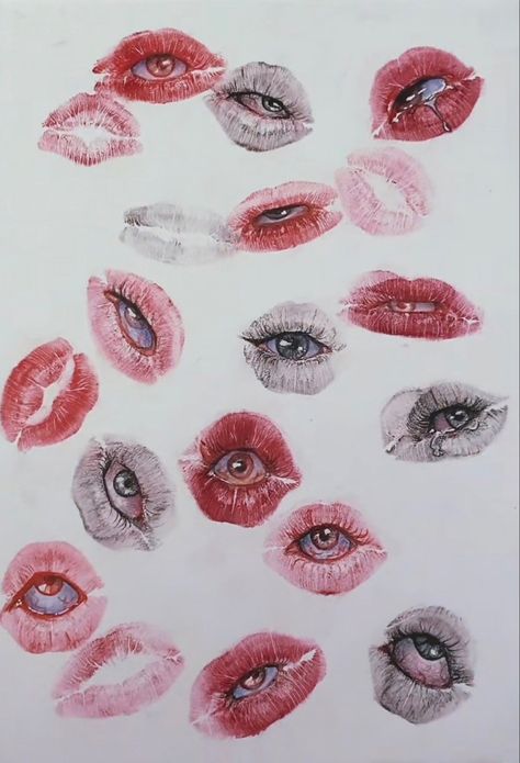 Lipstick Eye Art, Lipstick Eyes Drawing, Lips Eyes Drawing, Tik Tok Art, Lipstick Drawing, Lips Reference, Lipstick Eyes, Biro Drawing, Girl Power Art