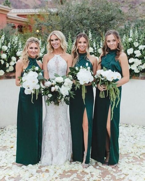 Fall Wedding - Dark Green Bridesmaid Dresses and White Bouquets with Greenery - ColorsBridesmaid Teal Bridesmaid Dresses Long, High Neck Bridesmaid Dresses, Teal Bridesmaid, Teal Bridesmaid Dresses, Fall Bridesmaids, Fall Bridesmaid Dresses, Halter Bridesmaid Dress, Dress With Split, Boda Mexicana