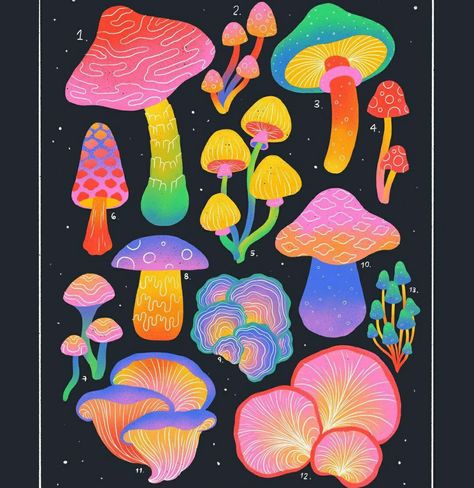 Mushroom Posca Art, Rainbow Mushroom Painting, Neon Mushroom Art, Colorful Mushroom Drawing, Funky Mushroom Art, Mycelium Illustration, Posca Mushroom, Shroom Illustration, Mushroom Illustration Cute