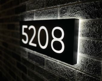 Solar Powered Backlit LED House Number Plague | Modern Backlit Metal Horizontal Vertical Custom Lighted Address plague for House Led House Numbers, Led House, Address Signs, Address Plaques, Custom Plaques, Modern House Number, Solar Panel Kits, Laser Cut Metal, Address Numbers