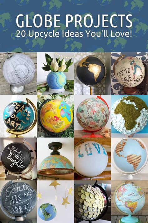 Are you always finding old globes in thrift stores? Here are DIY globe projects that you'll love - you're going to love these makeovers! Upcycle Globe Diy Projects, Painted Globes Diy Ideas, Old Globe Ideas Diy Projects, Globe Ideas Diy, Globe Crafts Diy, Globe Upcycle Diy Projects, Globe Decor Ideas, Globe Repurpose, Vintage Globe Decor