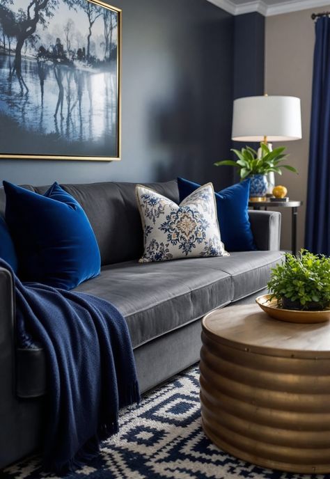 Dark Grey Couch Living Room Ideas Dark Grey Blue Living Room, Dark Gray And Navy Living Room, Living Room Designs Dark Blue, Gray Navy Living Room, Dark Grey Sofa Decor, Blue Gray Couch Living Room, Dark Grey Couch Living Room Ideas Colour Schemes, Grey Navy Living Room, Navy Blue And Cream Living Room