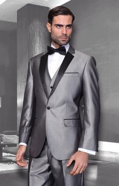 SKU#PN19 Mens Unique Bright Colorful Tuxedo Or Suit With  Vested 3 Pieces black trimmed lapel Shiny Flashy Sharskin Silver Grey. Get thrilling discounts at Men's USA using coupon and Promo Codes. Mens Suits Navy, Best Suits For Men, Suits Usa, Sharkskin Suit, Grey Tuxedo, Grey Suit Men, Modern Fit Suit, Zoot Suit, Prom Suits