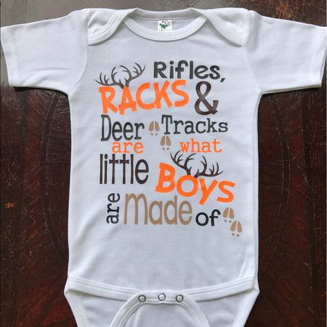 Rifles, Racks & Deer Tracks Are What Little Boys Are Made Of Baby Boy Onesie. Available In Sizes: 0-3m, 3-6m, 6-12m & 12-18m. 100% Polyester. For More Information Check Out My Etsy Shop At Periwinkleshoppe. Baby Boy Cricut, Baby Boy Onesies Vinyl, Baby Onesies For Boys, Baby Onesies Diy, Baby Boy Hunting, Funny Baby Onesies Boy, Boy Onsies, Baby Sayings, Country Baby Boy