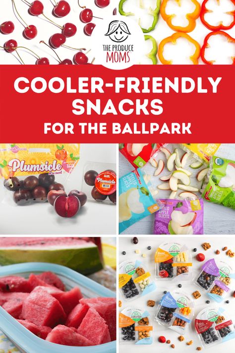 Image is a collection of different snacks. Clockwise from the top left : Cherries, Bell pepper rings, packages of sliced apples, healthy bento snack packs, sliced watermelon and Plums. Healthy Cooler Snacks, Softball Travel Meals, Snacks For Water Park, Travel Ball Snack Ideas, Ballfield Snack Ideas, Snacks For Ball Tournaments, Healthy Ballpark Snacks, Snacks For Softball Games, Travel Softball Food Ideas