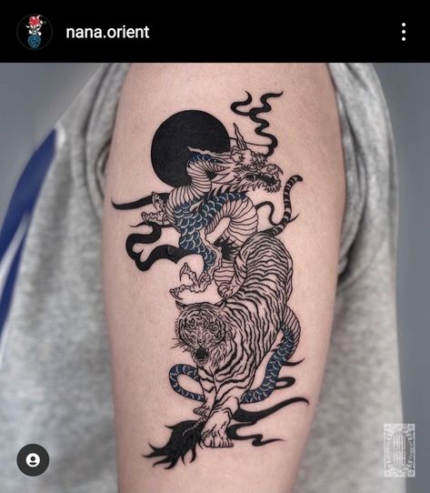 Crouching Tiger Hidden Dragon Tattoo, Dragon And Tiger Tattoo Design, Crouching Tiger Tattoo, Tiger Spine Tattoo, Twin Tiger Tattoo, Korean Tiger Tattoo, Tiger Dragon Tattoo, Tiger And Dragon Tattoo, Dragon And Tiger Tattoo