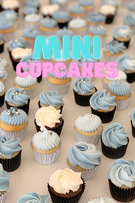 Sweet 16 Mini Cupcakes, Mini Cupcakes Graduation, Simple Mini Cupcake Designs, Birthday Mini Cupcakes, How To Frost Mini Cupcakes, Piping Mini Cupcakes, Blue Mini Cupcakes, Decorate Mini Cupcakes, Mini Cupcakes For Wedding