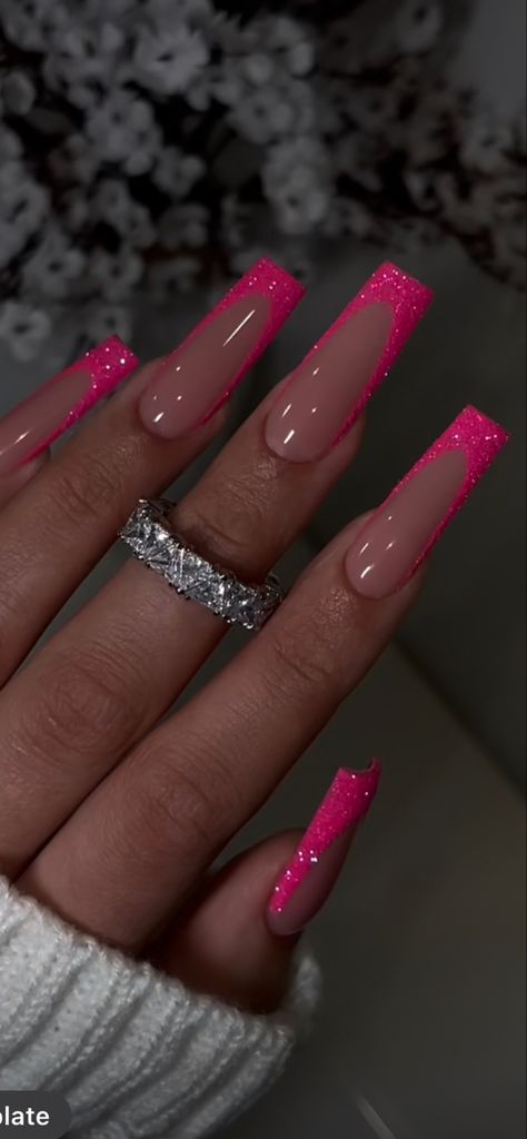 Royal Pink Nails, Hot Pink Coffin French Tip, Cute Sweet 16 Nails, Pink Nails French Tip Coffin, Pink Hoco Nails Acrylic, Hot Pink Nails Medium Length, Nails For A Hot Pink Dress, Hot Pink Nails For Hoco, 13 Going On 30 Nails