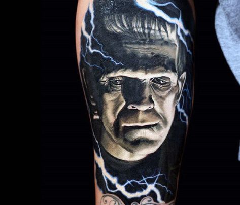 Realistic Frankenstein With Lightning Electric Bolts Mens Sleeve Tattoos Universal Monsters Tattoo, Frankenstein Tattoo, Nikko Hurtado, Night Tattoo, Horror Movie Tattoos, Frankenstein Art, Monster Tattoo, Kunst Tattoos, Movie Tattoos