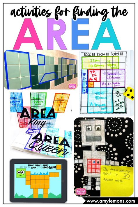 Make teaching students about finding the area more fun in the classroom with these five activities from Amy Lemons! These learning ideas include area robots, area crowns, area dinosaurs, and more! Your elementary students are going to love building their math skills with these fun, engaging activities! Finding The Area Of Shapes, Finding Area Activities, Area For 3rd Grade, Area Games 3rd Grade, Area Activities 2nd, Hands On Area Activities, Area Lesson 3rd Grade, Fun Area And Perimeter Activities, 3rd Grade Area Activities