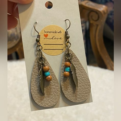 Hand Made Earrings Made Leather Beads Wood Metal Feathers Metal Hooks Aztec Leather Earrings, Bead And Leather Earrings, Homemade Leather Earrings, Beaded Leather Earrings, Leather And Bead Earrings, Cricut Jewelry, Suede Earrings, Cricut Earrings, Leather Beads