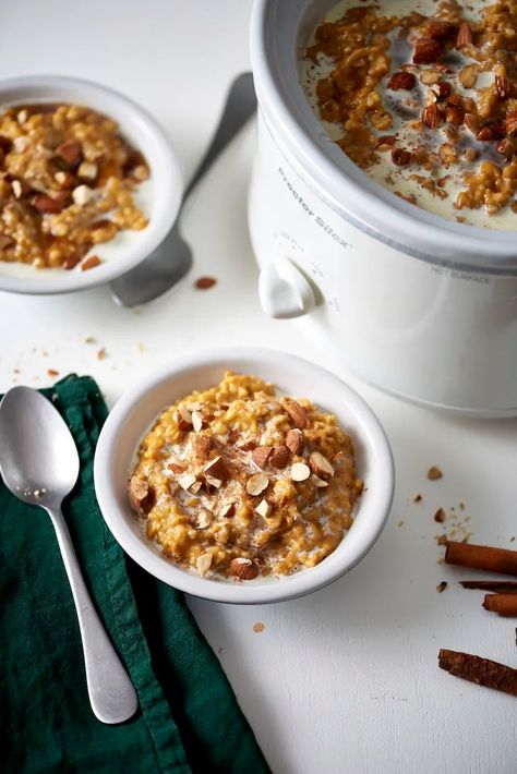 Slow Cooker Creamy Pumpkin Spice Oatmeal | The Kitchn Spice Oatmeal, Pumpkin Spice Oatmeal, Slow Cooker Oatmeal, Breakfast Recipies, Slow Cooker Pumpkin, Easy Oatmeal, Slow Cooker Vegetarian, Breakfast Sweets, Oatmeal Recipe