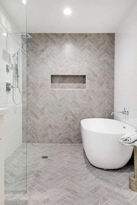 Tile Shower Floor Ideas Walk In, Master Shower Accent Wall, Bathroom Shower Accent Wall, Herringbone Shower Niche, Modern Farmhouse Shower Tile, Bathroom Herringbone Tile Floor, Taupe Tile Bathroom, Accent Tile Shower Wall, Accent Shower Wall