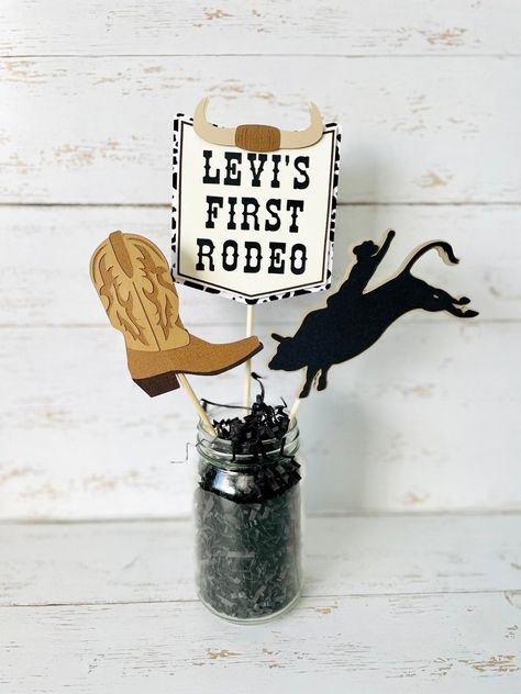 Rodeo Centerpieces Cowboys, My 1st Rodeo Center Piece, First Rodeo Birthday Party Centerpieces, My First Rodeo Birthday Table Decor, Rodeo Mama Outfit, 1st Rodeo Table Centerpieces, Cowboy Birthday Party Ideas Table Decorations Western Theme, Rodeo One Year Old Party, First Rodeo Favors