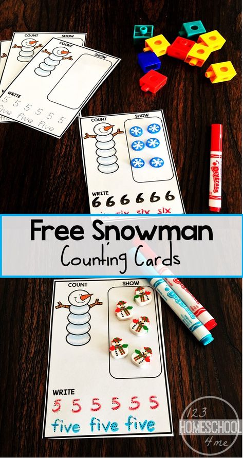 FREE Snowman Counting Cards - this winter math activity for toddler, preschool, and kindergarten age kids is such a fun, hands on way to visualize counting, practice writing numbers and number words, and more. Perfect for a math center, home preschool, homeschool, and more. Winter Math Activities For Toddlers, Snowman Counting, Practice Writing Numbers, Math Activities For Toddlers, January Preschool, January Ideas, Winter Math Activities, Home Preschool, Counting Practice