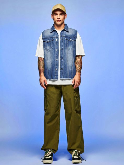 Medium Wash Casual Collar Sleeveless Denim Plain vest Embellished Non-Stretch  Men Clothing Denim Vest Outfit Men, Sleeveless Denim Jacket Outfit, Jacket Outfit Men, What To Wear Tomorrow, Sleeveless Denim Jacket, Plain Vest, Denim Jacket Outfit, Denim Jacket Men, Sleeveless Jacket