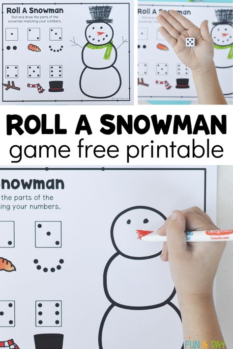 Grab your own copy of this free printable roll a snowman game for preschool and kindergarten kids. What a great way to practice subitizing with young kids! Add it to your next snowman theme, or just try it because it's fun. Click on the Fun-A-Day.com link for the printable. Snowmen Activities For Kids, Build A Snowman Game For Kids, Kindergarten Winter Games, Christmas Math Games Kindergarten, Christmas Game Kindergarten, Snowman Math Kindergarten, Snowman Centers Preschool, Holiday Activities For Kindergarten, January Games For Kids