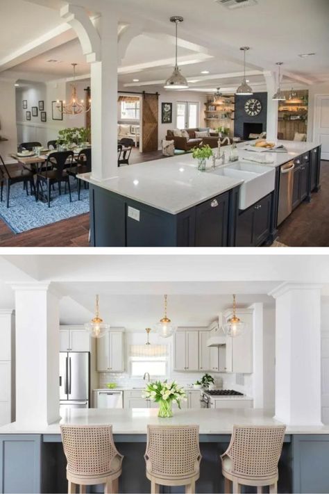 2 Kitchen with Column Idea Compared Each with Pendant Light and Massive Island Kitchen Island Column Ideas, Kitchen With Supporting Pillar, Kitchens With Pillars, Pillar Kitchen Island, Column On Kitchen Island, Columns In Kitchen Island, Island With Two Posts, Kitchen Island With Support Post Layout, Kitchen Island In Front Of Doorway