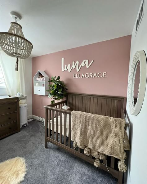 Nursery Brown Furniture, Nursery Dark Wood, Dark Wood Nursery, Wood Crib, Nursery Tour, Girl Nursery Themes, Dark Wood Furniture, Walnut Furniture