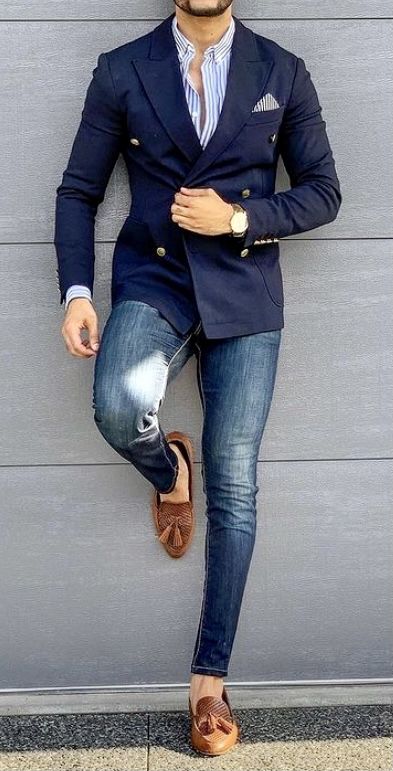 Tuxedo With Jeans Men Wedding, Double Breasted Blazer And Jeans Men, Sport Coat With Jeans Mens, Double Breasted Blazer Men Casual, Mens Sport Coat Outfit Wedding, Royal Blue Blazer Outfit Men, Blue Coat Outfit Men, Casual Blazer Outfits Men Jeans, Blue Sports Coat Outfit Men