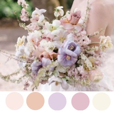 Beautiful peach, dusty orange, lavender, mauve and cream wedding color palette Lavender Mauve Wedding, Lavender Peach Sage Wedding, Blush Ivory Lavender Wedding, Lilac Colour Palette Wedding, Peach Lilac Color Palettes, Flower Bouquet Pastel Color Palettes, Lavender And Mauve Wedding, Light Pink And Lavender Wedding, Purple And Peach Flowers