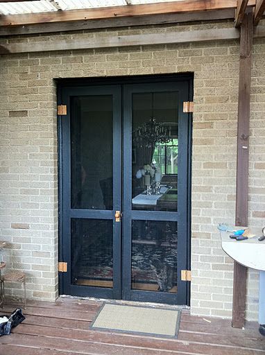 Diy Screen Door For French Doors, French Doors With Storm Doors, Screen French Doors, Double Front Door With Screen Doors, Bifold Screen Door Ideas, Screen Doors For French Doors, French Door Screen Doors, Screen Door For French Doors, French Screen Doors