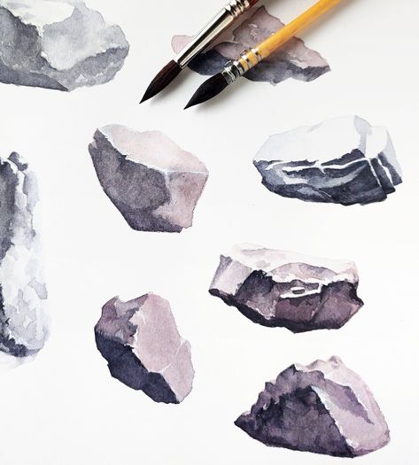 Patterns For Watercolor Painting, Watercolor Rocks Stones, Paintings Of Lakes, Pen And Watercolor Landscape, Watercolor Rocks Tutorials, Watercolor Drills, Watercolor Stones, Basic Landscape, Watercolor Exercises