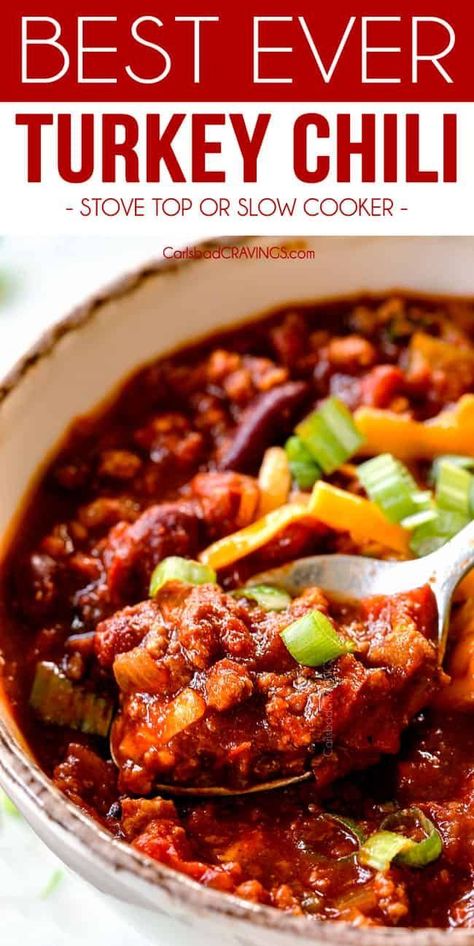 Slow Cooker Turkey Chili Recipe, Food Cravings Dinner, Easy Turkey Chili, Healthy Chili Recipe Turkey, Chili Recipe Stovetop, Turkey Chilli, Turkey Chili Crockpot, Best Mac N Cheese Recipe, Slow Cooker Turkey Chili