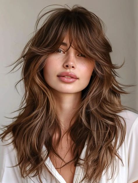 Long Shag Haircuts For Thick Hair, Long Shag Side Bangs, Shag Hairstyles Long Straight, Long Haircut 2024, Long Modern Shag, Long Shag Haircut No Bangs, Brunette Shag Haircut, Modern Shag Haircuts Long, Shag Long Hair