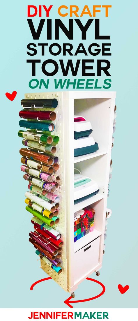 Craft Vinyl Storage Organizer Tower | DIY IKEA Hack | #craftroom #vinylstorage #organization Craft Vinyl Storage, Cricut Storage, Ikea Craft Room, Storage Hacks Diy, Ikea Crafts, Jennifer Maker, Diy Organizer, Storage Tower, Dream Craft Room