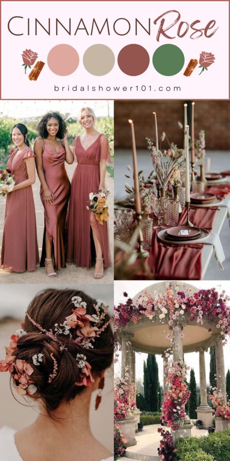 Rose Gold Wedding Palette Color Schemes, Champagne Rose Wedding Colors, Bridesmaid Dresses Cinnamon Rose, Bridesmaids In Two Different Colors, Cinnamon Rose And Dusty Rose Wedding, Cinnamon Rose Palette, Fall Wedding Colors Dusty Rose, Cinnamon Pink Wedding, Cinnamon Rose Wedding Florals