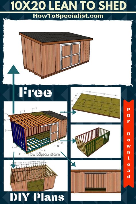 Easy to follow instructions and step by step diagrams for you to build a 10x20 lean to shed. This shed features a sturdy 2x4 framing and double front doors. Cut and Shopping lists included! PDF Download and Print Friendly! #shed #leantoshed #storageshed Pallet Sheds Ideas, 10x20 Lean To Shed Plans, 10 X 20 Lean To Shed Plans, How To Build A Lean To Shed, Pallet Shed Plans Step By Step Easy Diy, 10 By 20 Shed, Pallet Shed Diy How To Build, 10x20 Shed Plans Tiny House, Lean To Shed Ideas