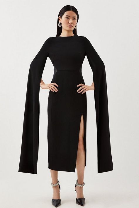 Tailored Compact Stretch Viscose Cape Mesh Panel Midi Dress | Karen Millen Midi Evening Dress, Glamorous Dress, Plus Size Workwear, Summer Bridesmaid Dresses, Figure Dress, Ibiza Outfits, Formal Wear Dresses, Petite Coat, Glamorous Dresses