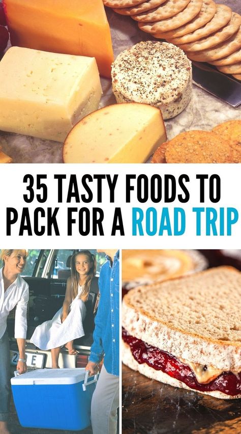 Food for a road trip, such as crackers, cheeses, peanut butter and jelly sandwiches and a cooler to pack it all in. Snacks To Travel With Road Trips, Easy Road Trip Food Ideas, Healthy Trip Snacks, Food Road Trip Ideas, Car Ride Lunch Road Trips, On The Go Food Road Trips, Foods To Pack For Road Trip, Road Trip Car Meals, Car Ride Food Road Trips