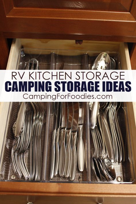 Camper Plate Storage, Rv Drawer Organization, Camper Utensil Storage, Rv Plate Storage Ideas, Camper Silverware Storage, Rv Silverware Storage Ideas, Camping Cutlery Storage, Motorhome Organization, Camping Storage Ideas