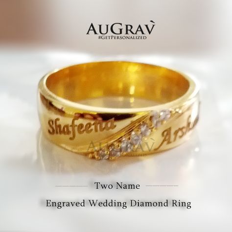 This couple gold ring with name is unique Indian style for wedding or engagement. Hold your loved one's name closer to your heart.   We know you are “Made for Each Other” and here we are helping you express the same.  This personalized name engraved ring works good for many occasions including engagement, first year anniversary or any other events involving both of you. Gold Ring With Name Engraved, Couple Name Rings Gold Unique, Couple Rings Gold Engagement Unique With Name, Engagement Rings Couple With Name, Gold Couple Rings Design Unique, Couple Ring Name Design, Couple Wedding Rings With Names, Couple Name Rings Gold, Couple Rings Gold Engagement Unique Indian