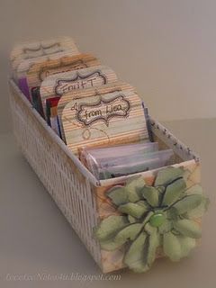 The organized tea box - with tutorial. Simple, pretty, perfect for a tea party. (from original source) Upcycle Cardboard Boxes, Tea Box Diy, Upcycle Cardboard, Diy Tea Bags, Wood Therapy, Tea Boxes, Tea Bag Storage, Home Organizers, Tea Organization