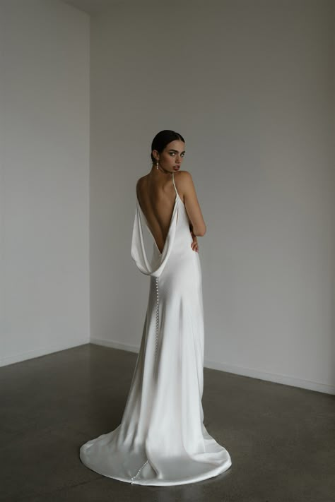 Harmony wedding gown | Minimalist II | Hera Couture Low Back Drape Dress, Deep Low Back Wedding Dress, Silk Wedding Dress Low Back, Deep Back Wedding Dress, Cowl Wedding Dress, Sally Mcqueen, Cowl Back Wedding Dress, Japanese Wedding Dress, Hera Couture