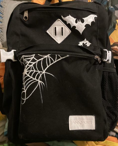 So I painted my backpack for funsies, idk just got bored of all black, she cute tho 💃 #backpack #painting #custom #school School Bag Painting, Backpack Painting, Sketchbook Ideas Doodles, My Backpack, Sketchbook Ideas, Bag Design, Art Crafts, All Black, Bags Designer