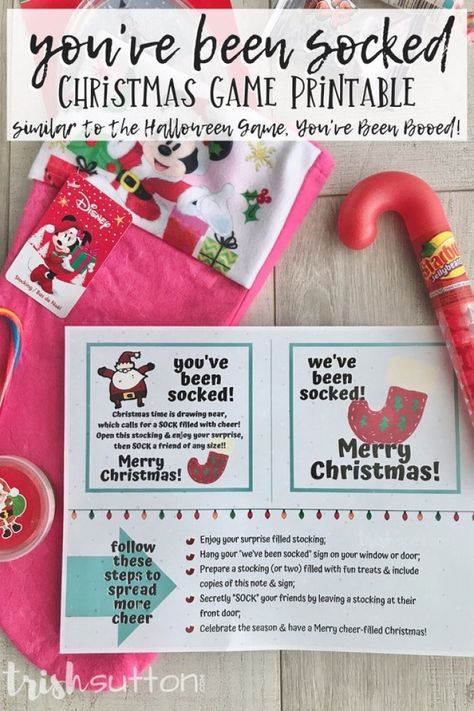 You've Been Socked is the Christmas version of the Halloween game, You've Been BOOed. Sometimes called You've Been Elf'd or You've Been Jingled. #Christmas #Christmasgame #bytrishsutton #freeprintable #youvebeensocked You’ve Been Booed Christmas Version, Christmas Version Of Being Booed, Jingled Ideas You've Been, You’ve Been Tinseled, You've Been Elfed At Work, You Have Been Socked Christmas Ideas, You’ve Been Elf’ed, You’ve Been Jingled Ideas, You’ve Been Jingled