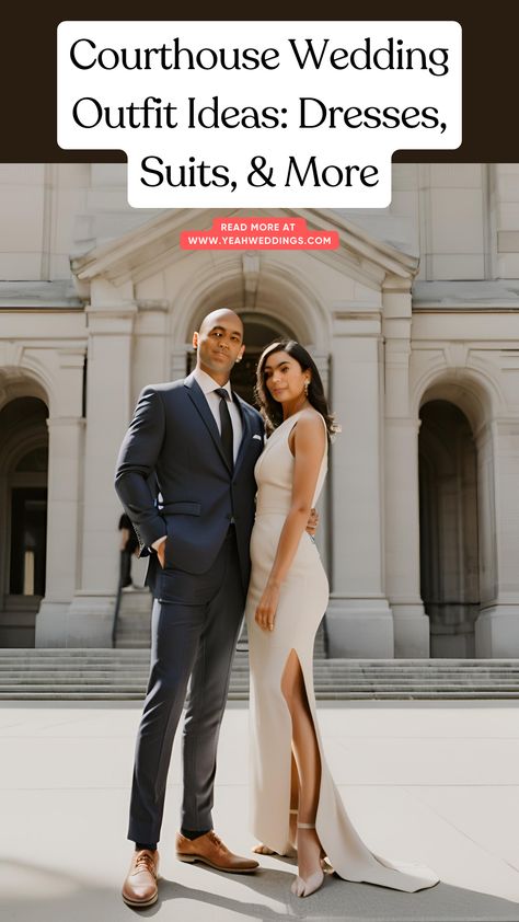 Stunning wedding couple in stylish courthouse wedding outfits, including an elegant dress and a sharp suit, posing outside a courthouse. Courthouse Wedding Dress Fall, Courthouse Wedding Groom Outfit, Courthouse Bridal Outfit, Justice Of The Peace Wedding Outfit, Civil Ceremony Dress Courthouse Wedding, Courthouse Wedding Outfit Men, Courthouse Wedding Guest Outfit, Courthouse Wedding Attire, Courthouse Wedding Ideas