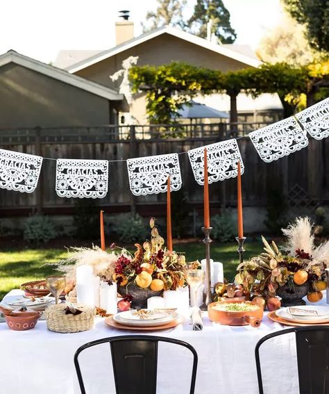 fall tables Papel Picado Banner, Thanksgiving Banner, Thanksgiving Tablescapes, Thanksgiving Centerpieces, Supper Club, Thanksgiving Feast, Table Set Up, Thanksgiving Fun, Holiday Dinner